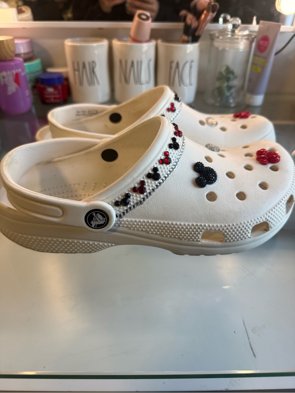 CROCS White Clog with Black & Red Mickey Charm Accents